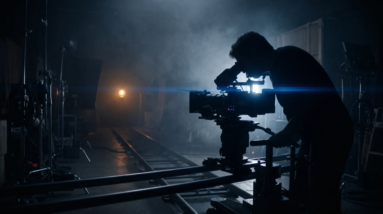 A camera operator silhouetted behind a cinema camera on dolly track in a fog-filled soundstage