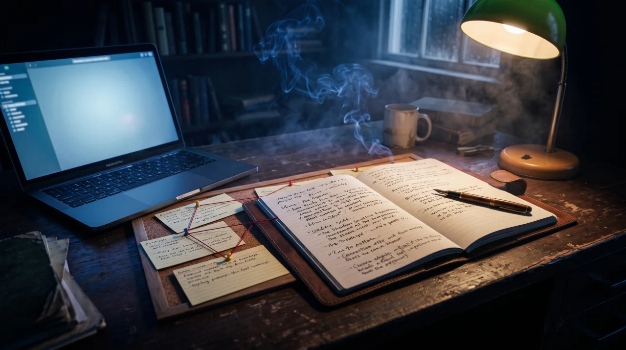 A writer's desk at night, notebook and index cards lit by a lamp beside a glowing laptop